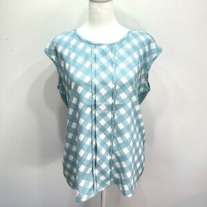 Ann Taylor Teal & Ivory Gingham Checked Pleated Sleeveless Top Size Medium